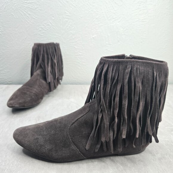 Sam Edelman Shoes - Sam Edelman Fringe Western Ankle Booties 9.5 Brown Suede Boho Pointed Toe Boots